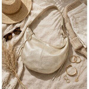 HOBO Chosen Crescent Shoulder Bag Metallic Leather Shimmer Gold Silver Pearlized